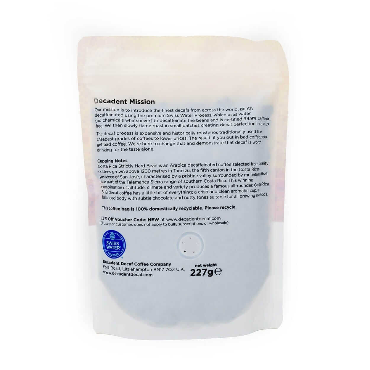 Costa Rica Decaffeinated Decaf Coffee - Swiss Water Decaf Coffee - Beans and Ground - Decadent Decaf